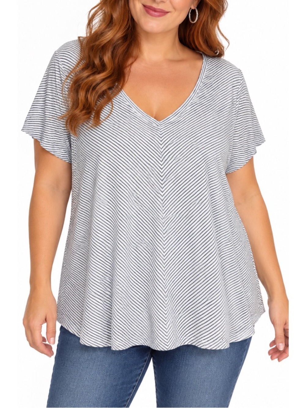 Apt 9 flattering gray and white striped short-sleeve top w/ a V-neckline, XL